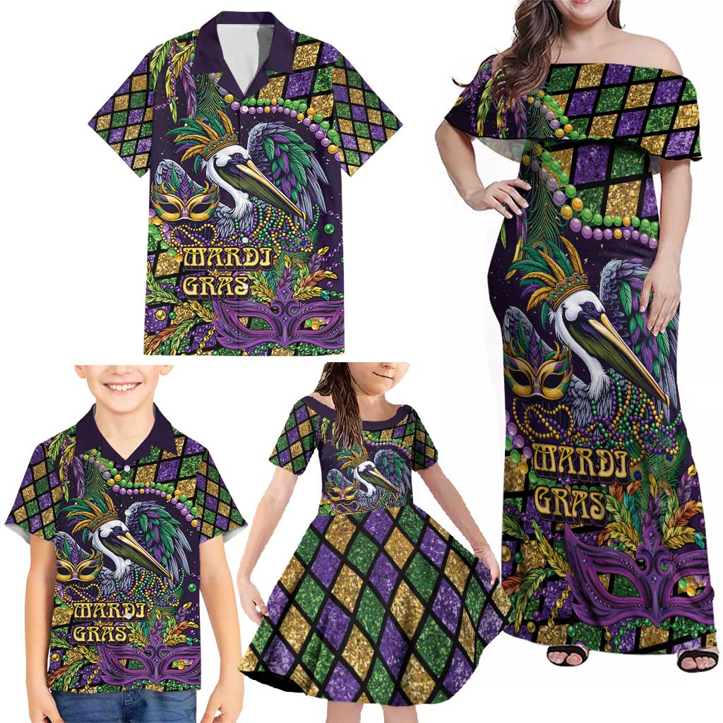 Mardi Gras Pelican Family Matching Off Shoulder Maxi Dress and Hawaiian Shirt Crowned Feathers Carnival Reign - Wonder Print Shop