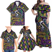 Mardi Gras Pelican Family Matching Off Shoulder Maxi Dress and Hawaiian Shirt Crowned Feathers Carnival Reign - Wonder Print Shop