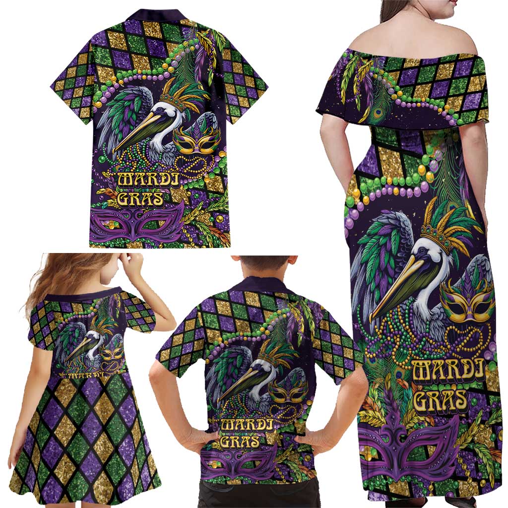 Mardi Gras Pelican Family Matching Off Shoulder Maxi Dress and Hawaiian Shirt Crowned Feathers Carnival Reign - Wonder Print Shop