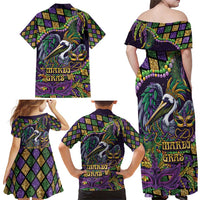 Mardi Gras Pelican Family Matching Off Shoulder Maxi Dress and Hawaiian Shirt Crowned Feathers Carnival Reign - Wonder Print Shop