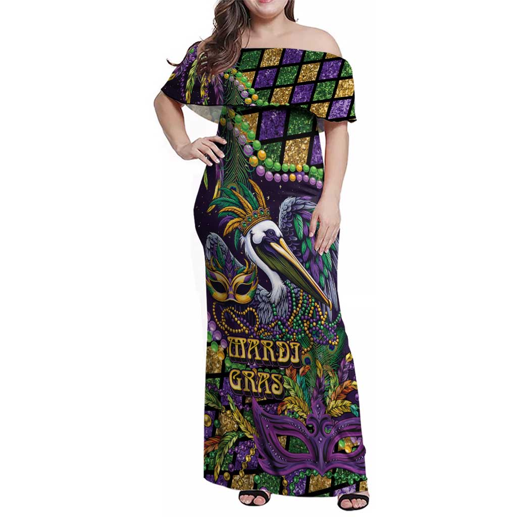Mardi Gras Pelican Family Matching Off Shoulder Maxi Dress and Hawaiian Shirt Crowned Feathers Carnival Reign - Wonder Print Shop