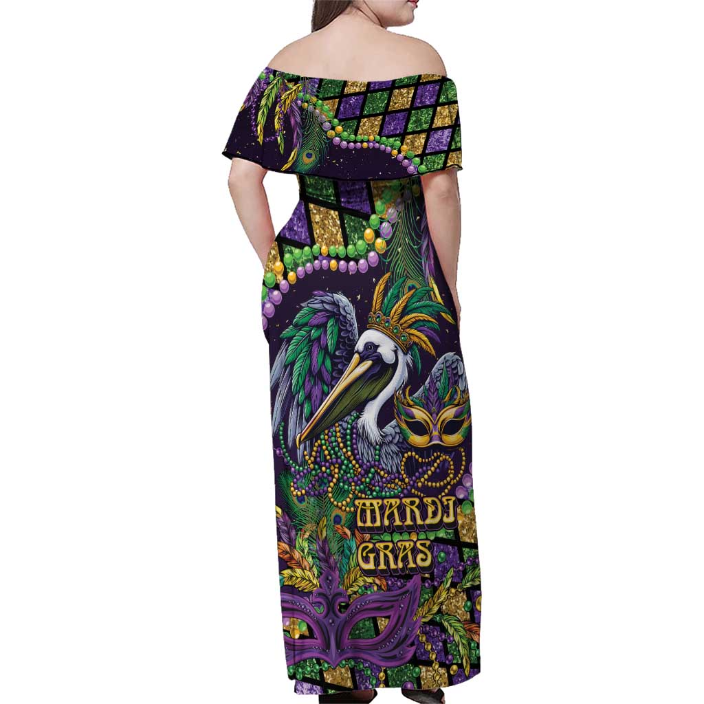 Mardi Gras Pelican Family Matching Off Shoulder Maxi Dress and Hawaiian Shirt Crowned Feathers Carnival Reign - Wonder Print Shop