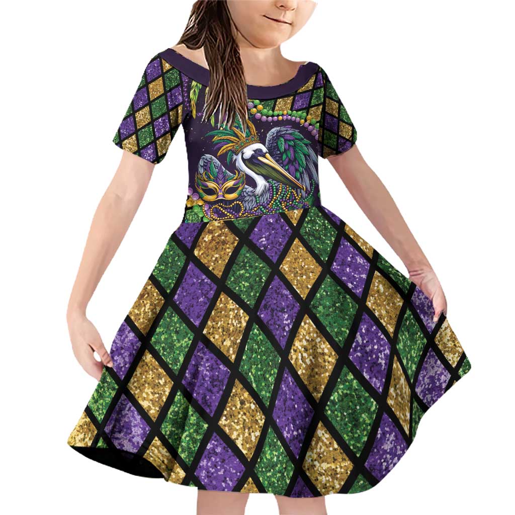 Mardi Gras Pelican Family Matching Off Shoulder Short Dress and Hawaiian Shirt Crowned Feathers Carnival Reign - Wonder Print Shop