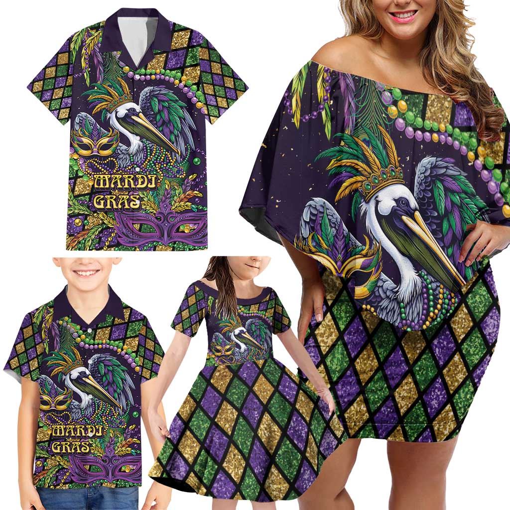 Mardi Gras Pelican Family Matching Off Shoulder Short Dress and Hawaiian Shirt Crowned Feathers Carnival Reign - Wonder Print Shop