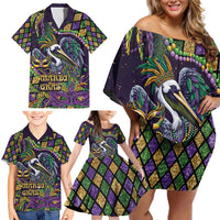 Mardi Gras Pelican Family Matching Off Shoulder Short Dress and Hawaiian Shirt Crowned Feathers Carnival Reign - Wonder Print Shop