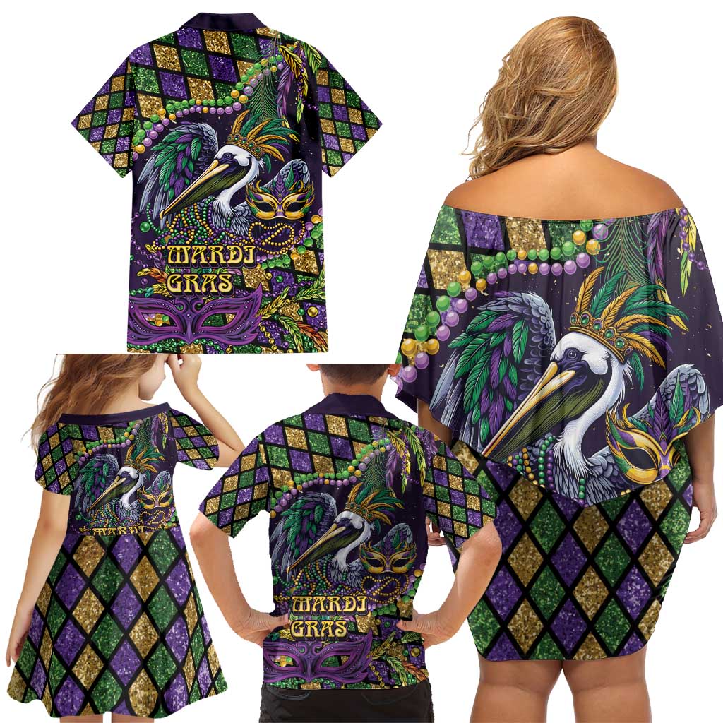 Mardi Gras Pelican Family Matching Off Shoulder Short Dress and Hawaiian Shirt Crowned Feathers Carnival Reign - Wonder Print Shop
