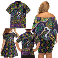 Mardi Gras Pelican Family Matching Off Shoulder Short Dress and Hawaiian Shirt Crowned Feathers Carnival Reign - Wonder Print Shop