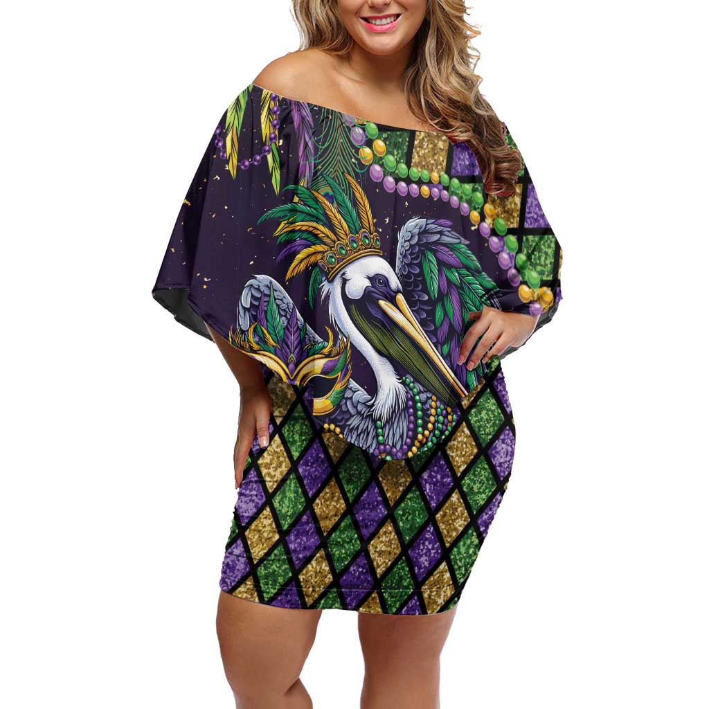 Mardi Gras Pelican Family Matching Off Shoulder Short Dress and Hawaiian Shirt Crowned Feathers Carnival Reign - Wonder Print Shop