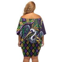Mardi Gras Pelican Family Matching Off Shoulder Short Dress and Hawaiian Shirt Crowned Feathers Carnival Reign - Wonder Print Shop