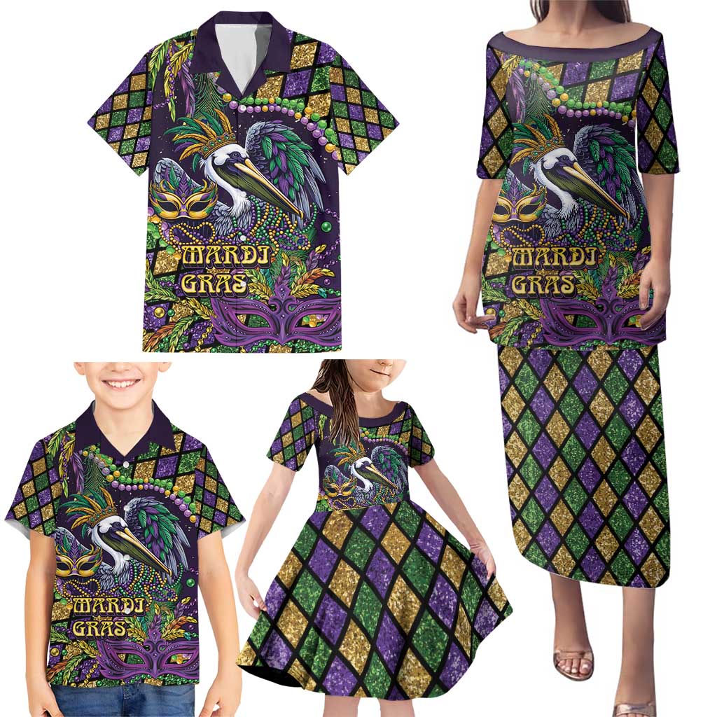 Mardi Gras Pelican Family Matching Puletasi and Hawaiian Shirt Crowned Feathers Carnival Reign - Wonder Print Shop