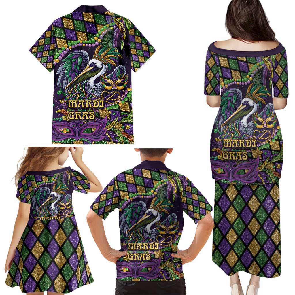 Mardi Gras Pelican Family Matching Puletasi and Hawaiian Shirt Crowned Feathers Carnival Reign - Wonder Print Shop