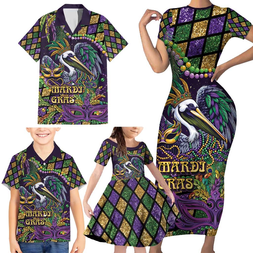 Mardi Gras Pelican Family Matching Short Sleeve Bodycon Dress and Hawaiian Shirt Crowned Feathers Carnival Reign - Wonder Print Shop