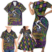 Mardi Gras Pelican Family Matching Short Sleeve Bodycon Dress and Hawaiian Shirt Crowned Feathers Carnival Reign - Wonder Print Shop