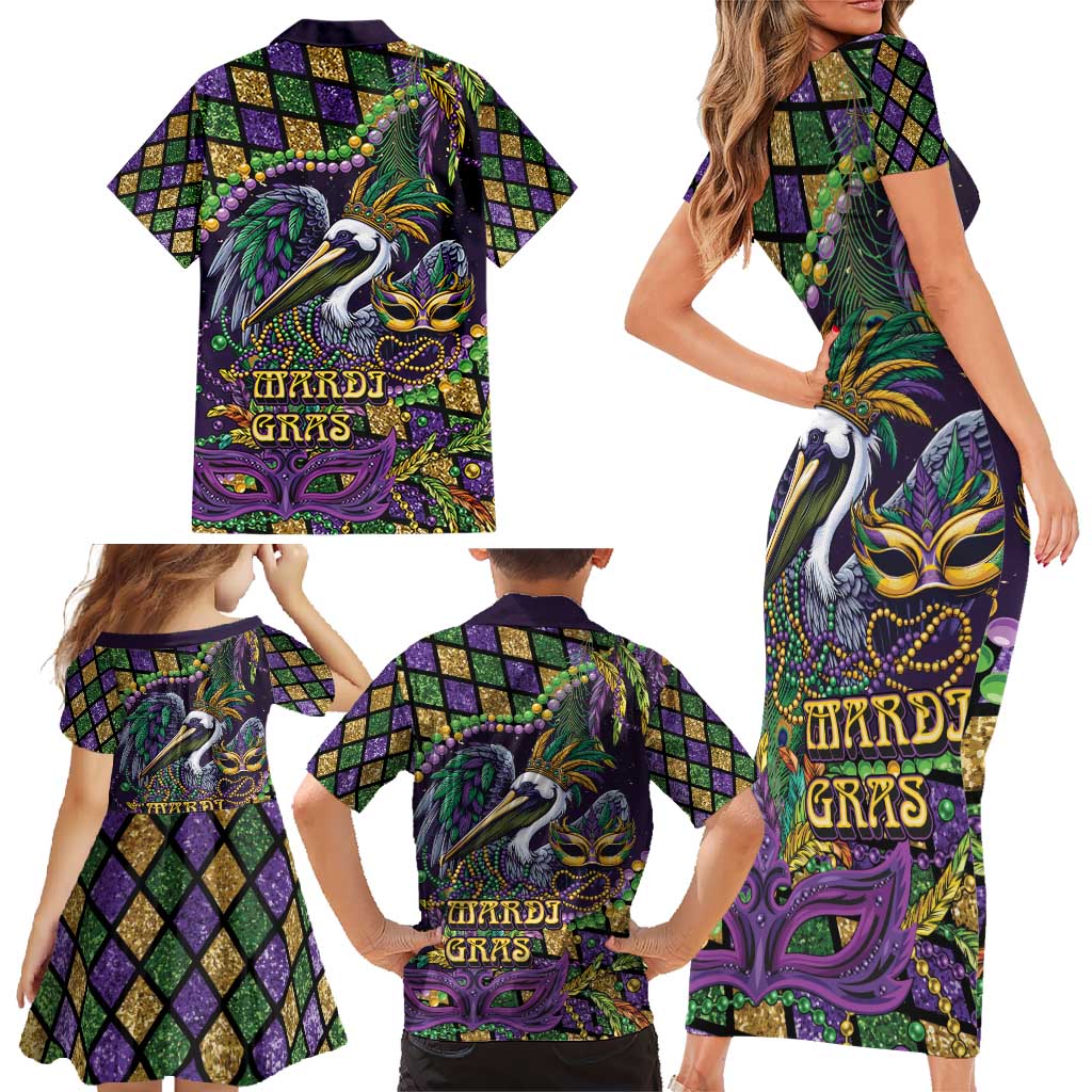 Mardi Gras Pelican Family Matching Short Sleeve Bodycon Dress and Hawaiian Shirt Crowned Feathers Carnival Reign - Wonder Print Shop