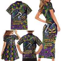 Mardi Gras Pelican Family Matching Short Sleeve Bodycon Dress and Hawaiian Shirt Crowned Feathers Carnival Reign - Wonder Print Shop