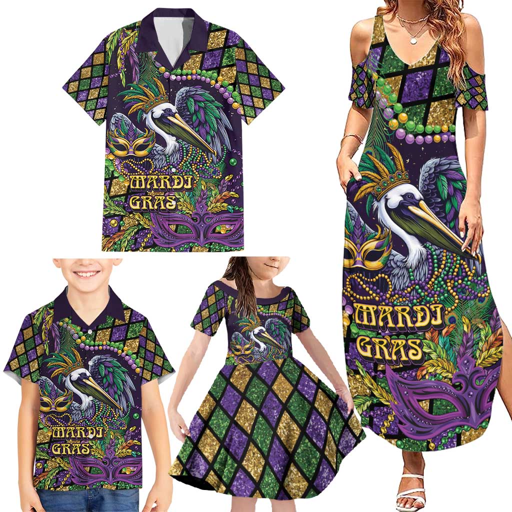 Mardi Gras Pelican Family Matching Summer Maxi Dress and Hawaiian Shirt Crowned Feathers Carnival Reign - Wonder Print Shop