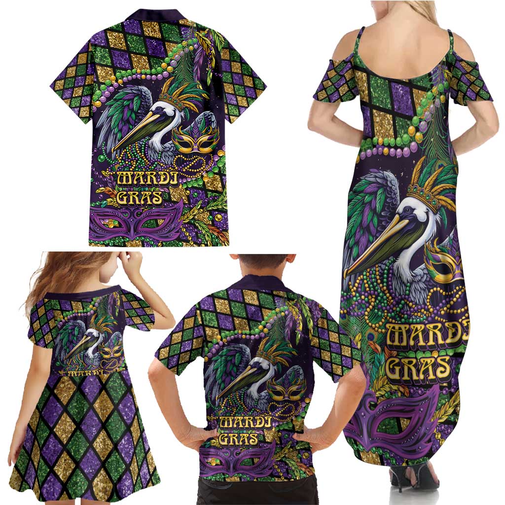 Mardi Gras Pelican Family Matching Summer Maxi Dress and Hawaiian Shirt Crowned Feathers Carnival Reign - Wonder Print Shop