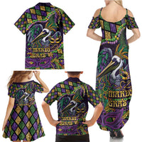 Mardi Gras Pelican Family Matching Summer Maxi Dress and Hawaiian Shirt Crowned Feathers Carnival Reign - Wonder Print Shop