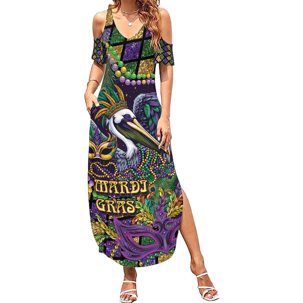 Mardi Gras Pelican Family Matching Summer Maxi Dress and Hawaiian Shirt Crowned Feathers Carnival Reign - Wonder Print Shop