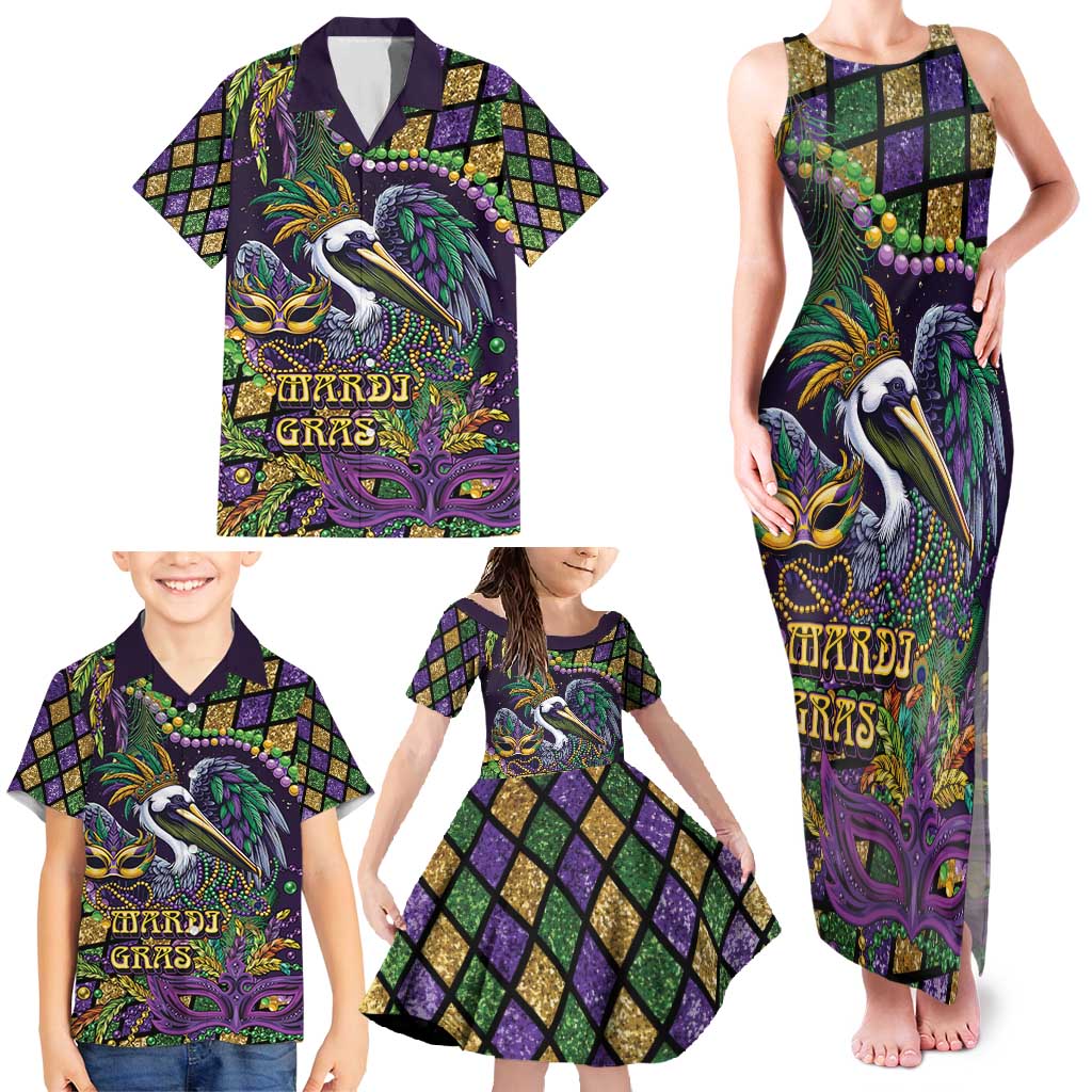 Mardi Gras Pelican Family Matching Tank Maxi Dress and Hawaiian Shirt Crowned Feathers Carnival Reign - Wonder Print Shop