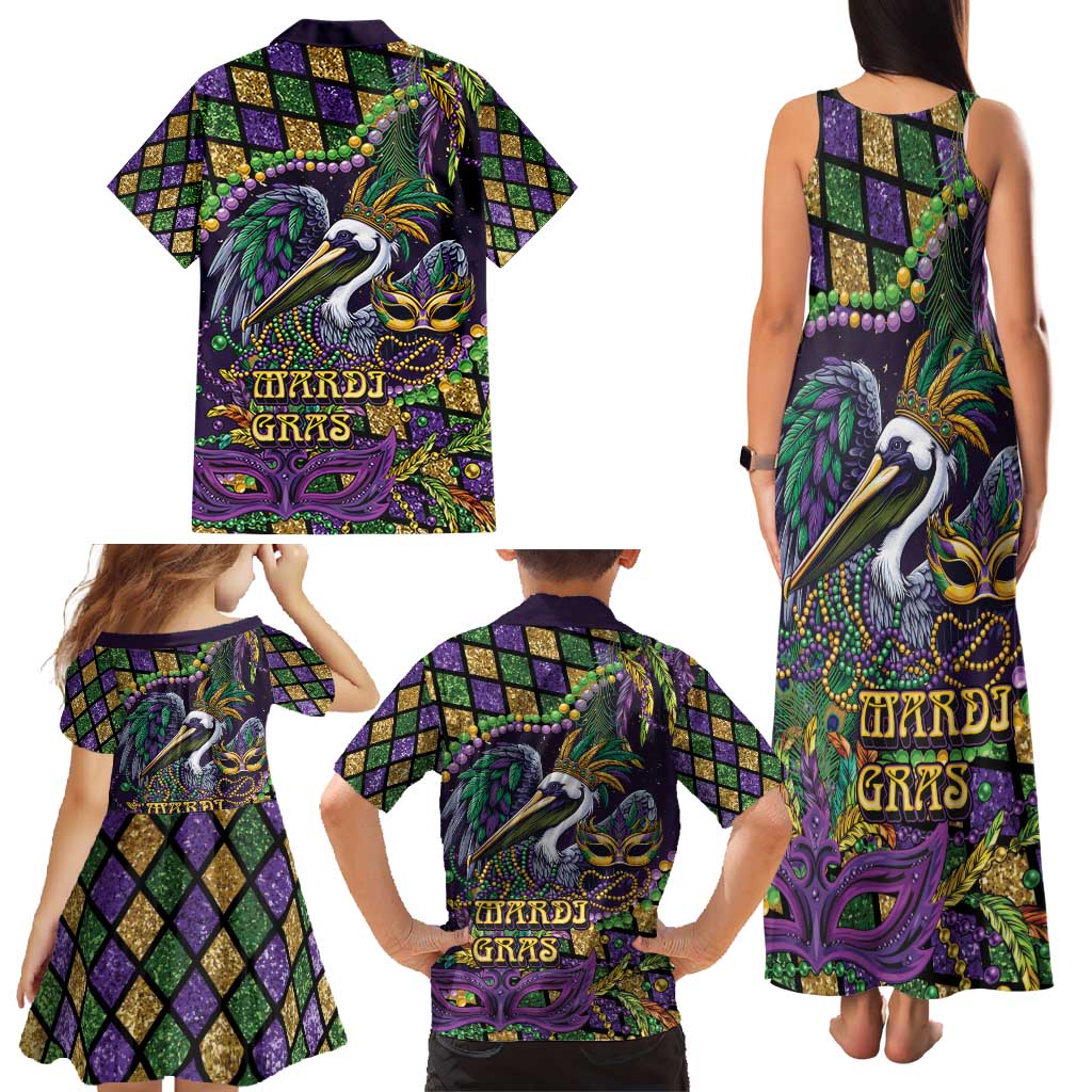 Mardi Gras Pelican Family Matching Tank Maxi Dress and Hawaiian Shirt Crowned Feathers Carnival Reign - Wonder Print Shop