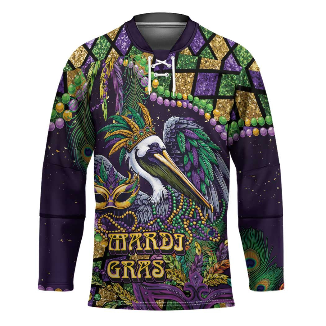 Mardi Gras Pelican Hockey Jersey Crowned Feathers Carnival Reign - Wonder Print Shop