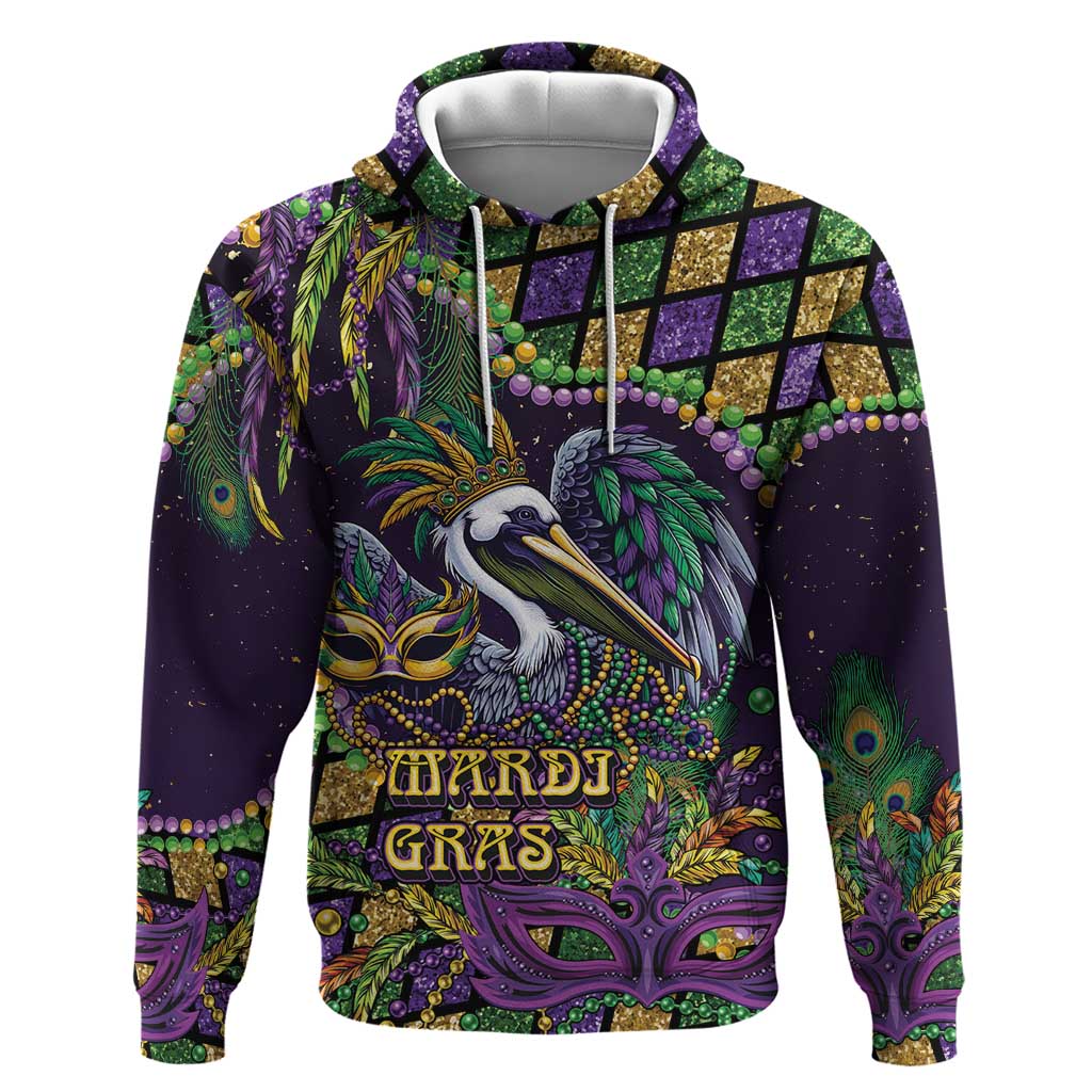 Mardi Gras Pelican Hoodie Crowned Feathers Carnival Reign - Wonder Print Shop