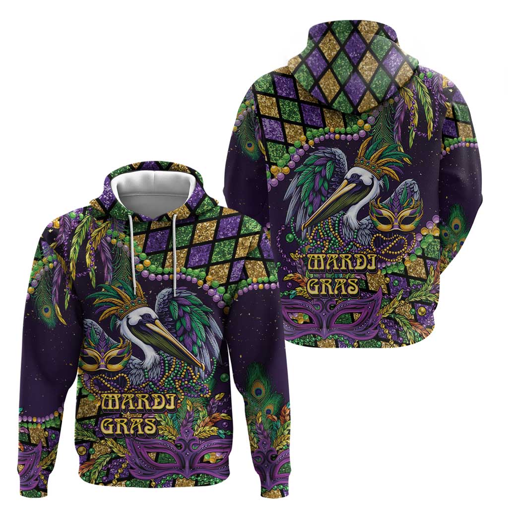 Mardi Gras Pelican Hoodie Crowned Feathers Carnival Reign - Wonder Print Shop