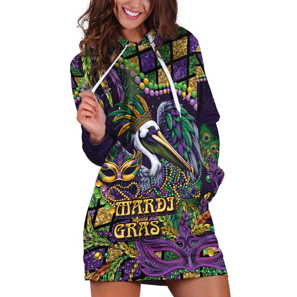 Mardi Gras Pelican Hoodie Dress Crowned Feathers Carnival Reign - Wonder Print Shop