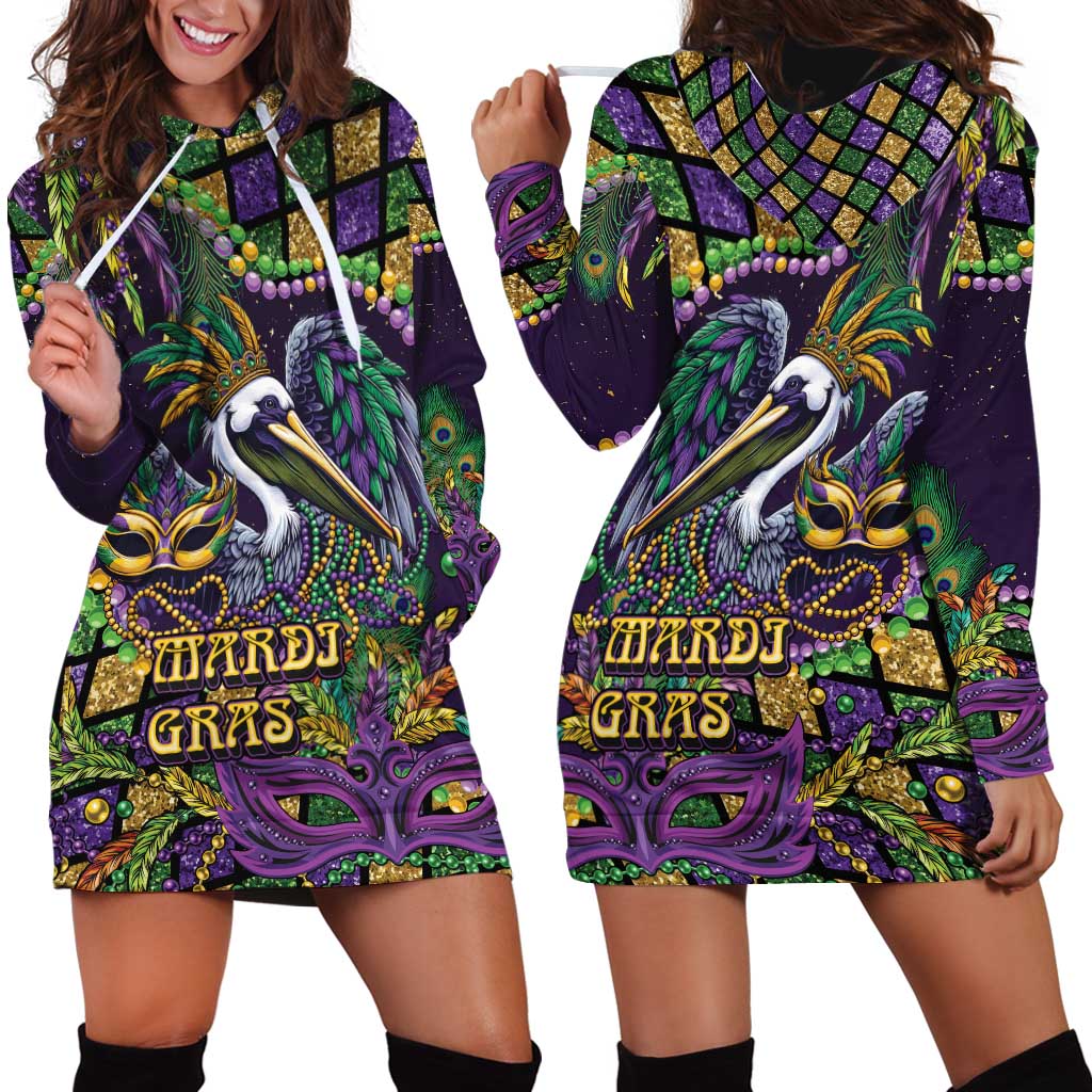 Mardi Gras Pelican Hoodie Dress Crowned Feathers Carnival Reign - Wonder Print Shop