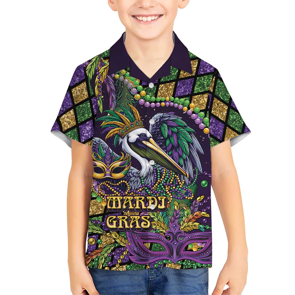 Mardi Gras Pelican Kid Hawaiian Shirt Crowned Feathers Carnival Reign - Wonder Print Shop