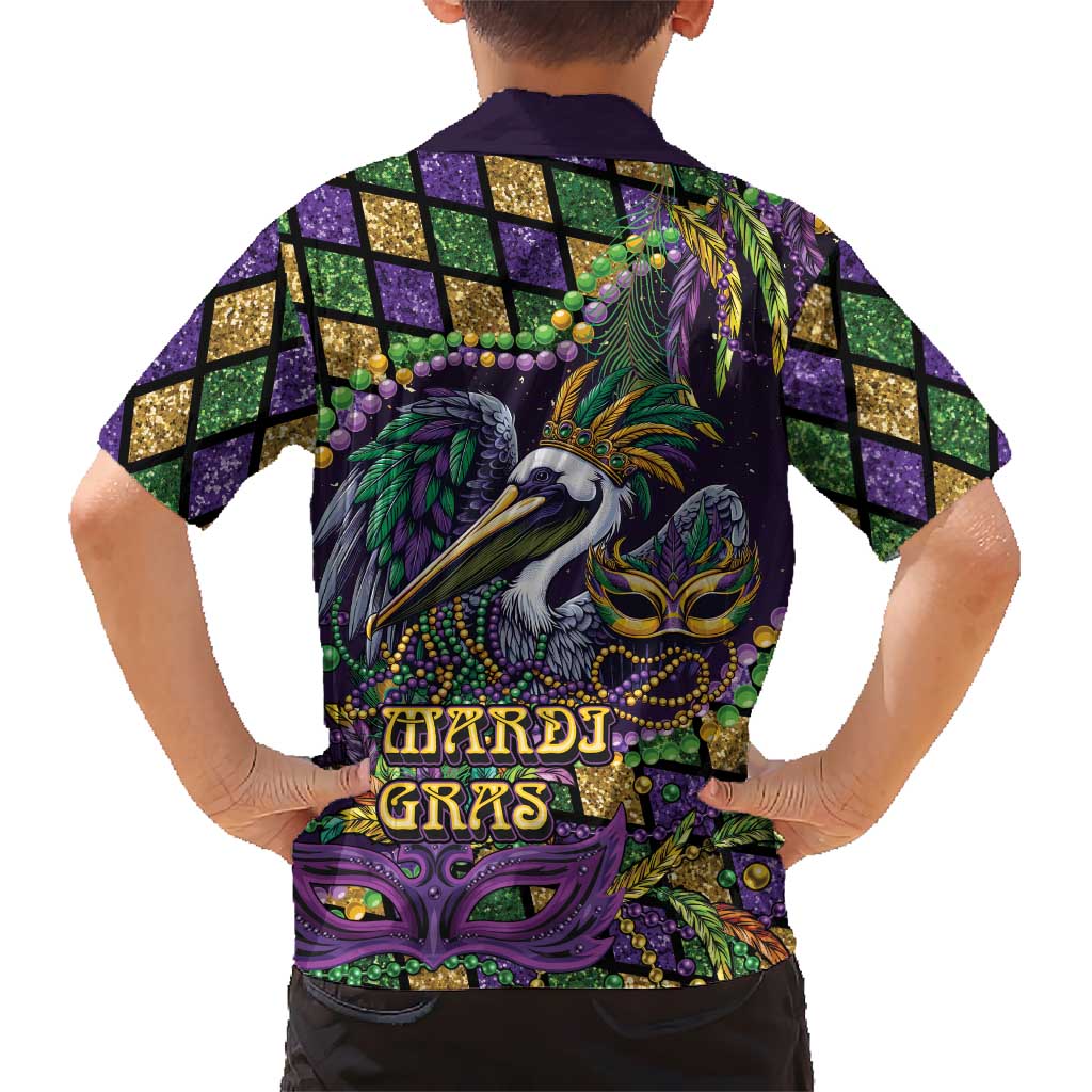Mardi Gras Pelican Kid Hawaiian Shirt Crowned Feathers Carnival Reign - Wonder Print Shop
