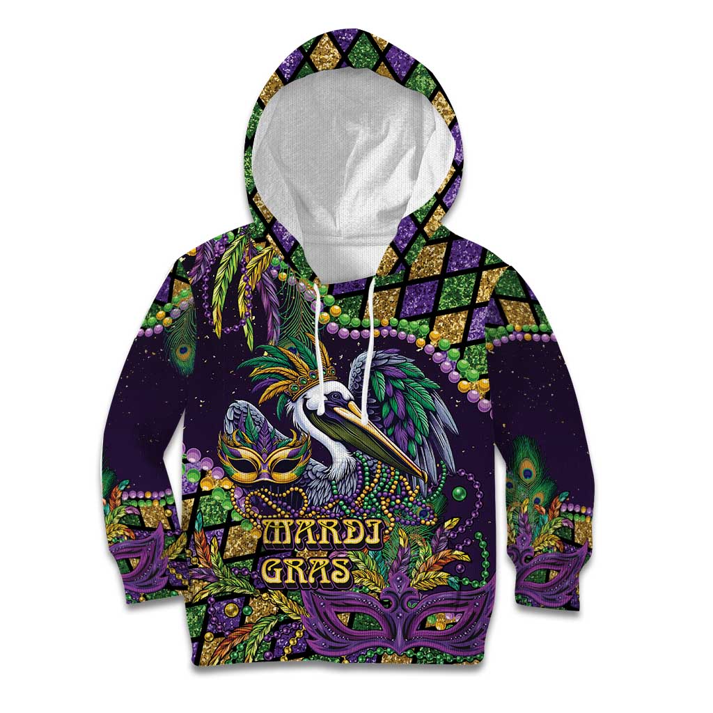 Mardi Gras Pelican Kid Hoodie Crowned Feathers Carnival Reign - Wonder Print Shop