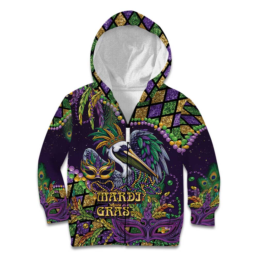 Mardi Gras Pelican Kid Hoodie Crowned Feathers Carnival Reign - Wonder Print Shop