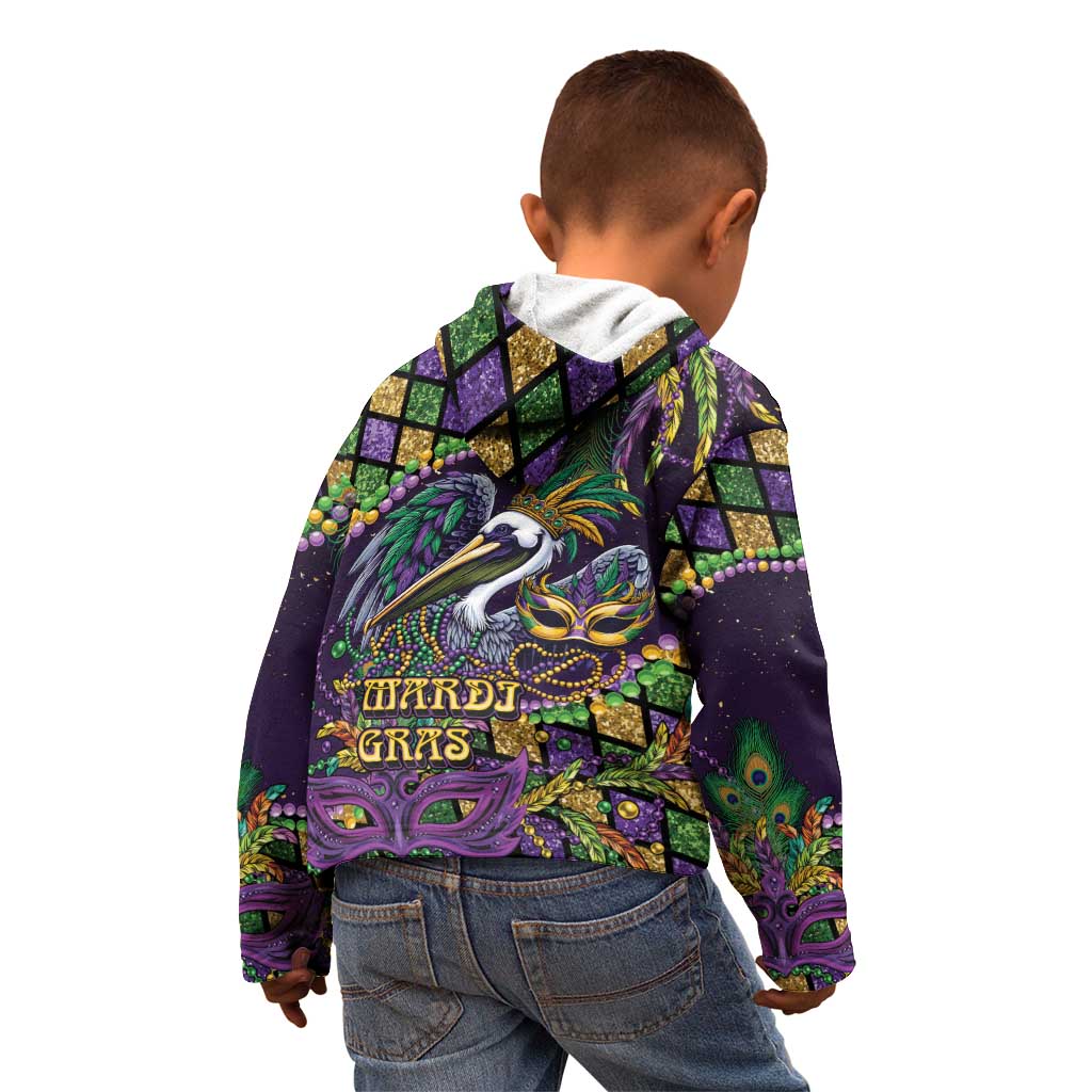 Mardi Gras Pelican Kid Hoodie Crowned Feathers Carnival Reign - Wonder Print Shop