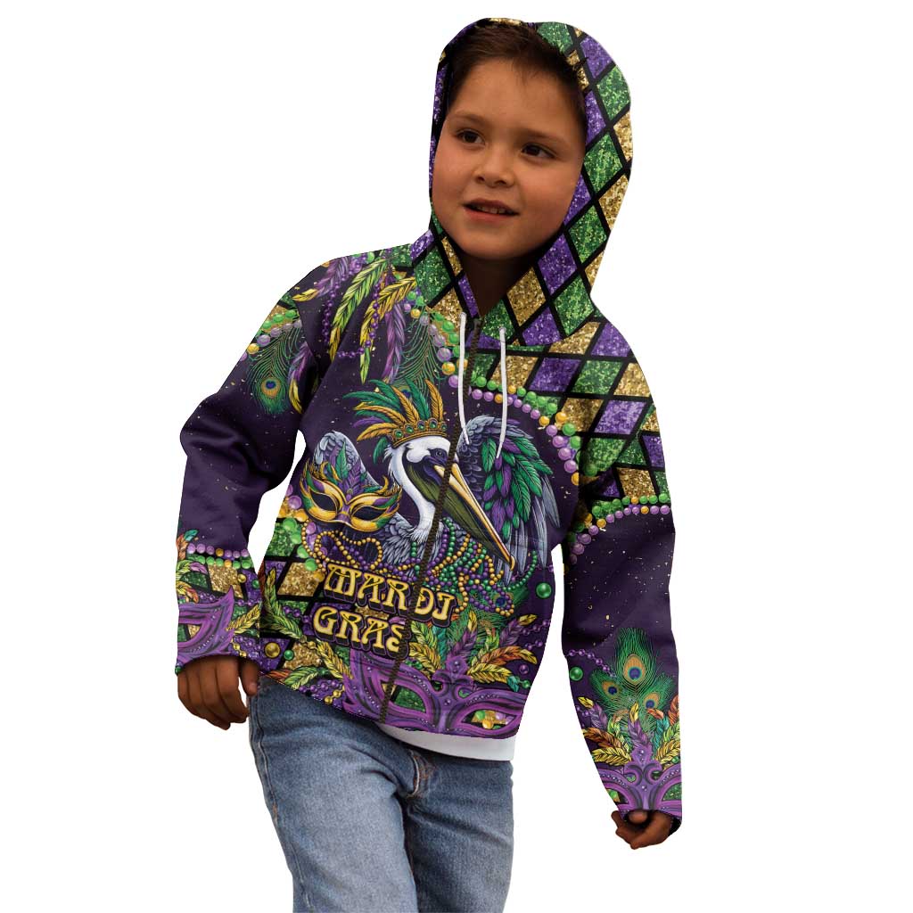 Mardi Gras Pelican Kid Hoodie Crowned Feathers Carnival Reign - Wonder Print Shop