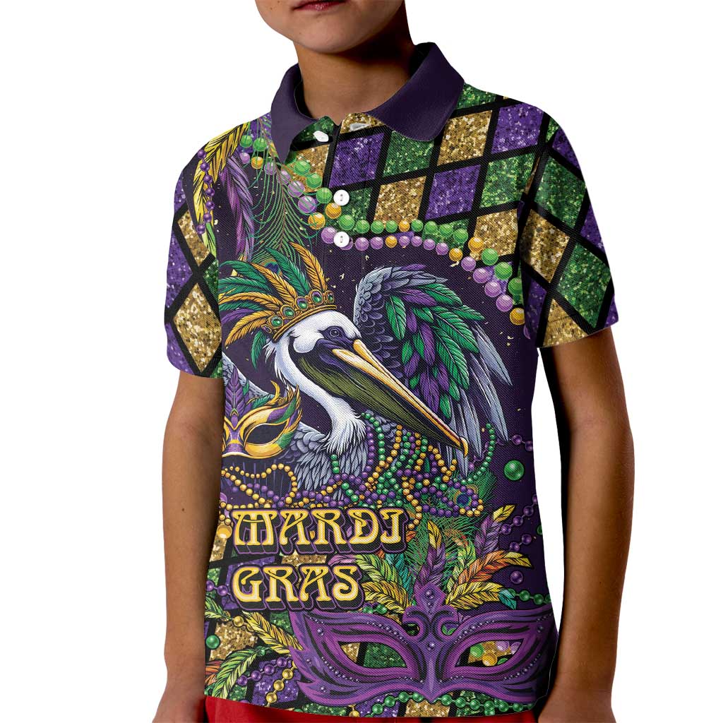 Mardi Gras Pelican Kid Polo Shirt Crowned Feathers Carnival Reign - Wonder Print Shop