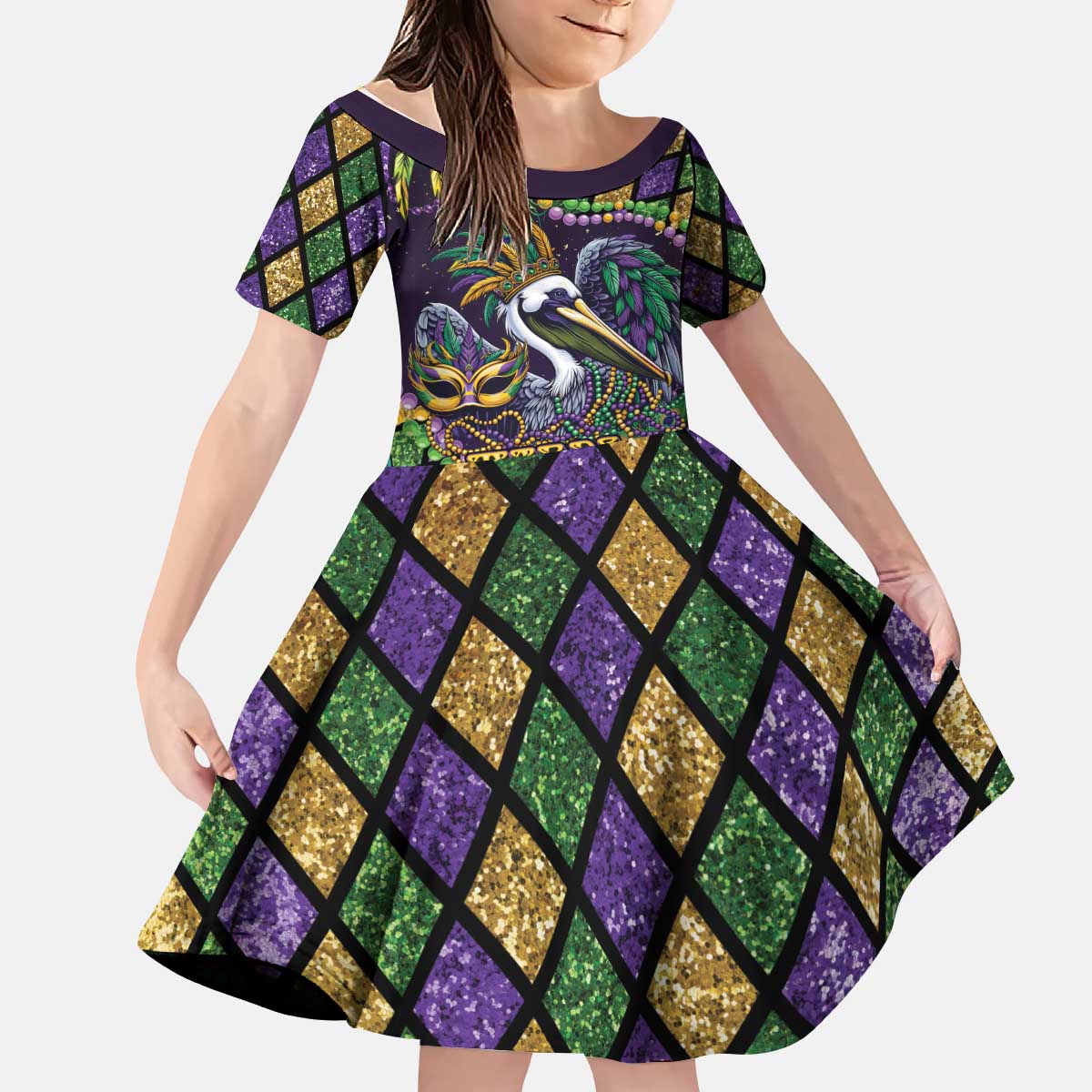 Mardi Gras Pelican Kid Short Sleeve Dress Crowned Feathers Carnival Reign - Wonder Print Shop