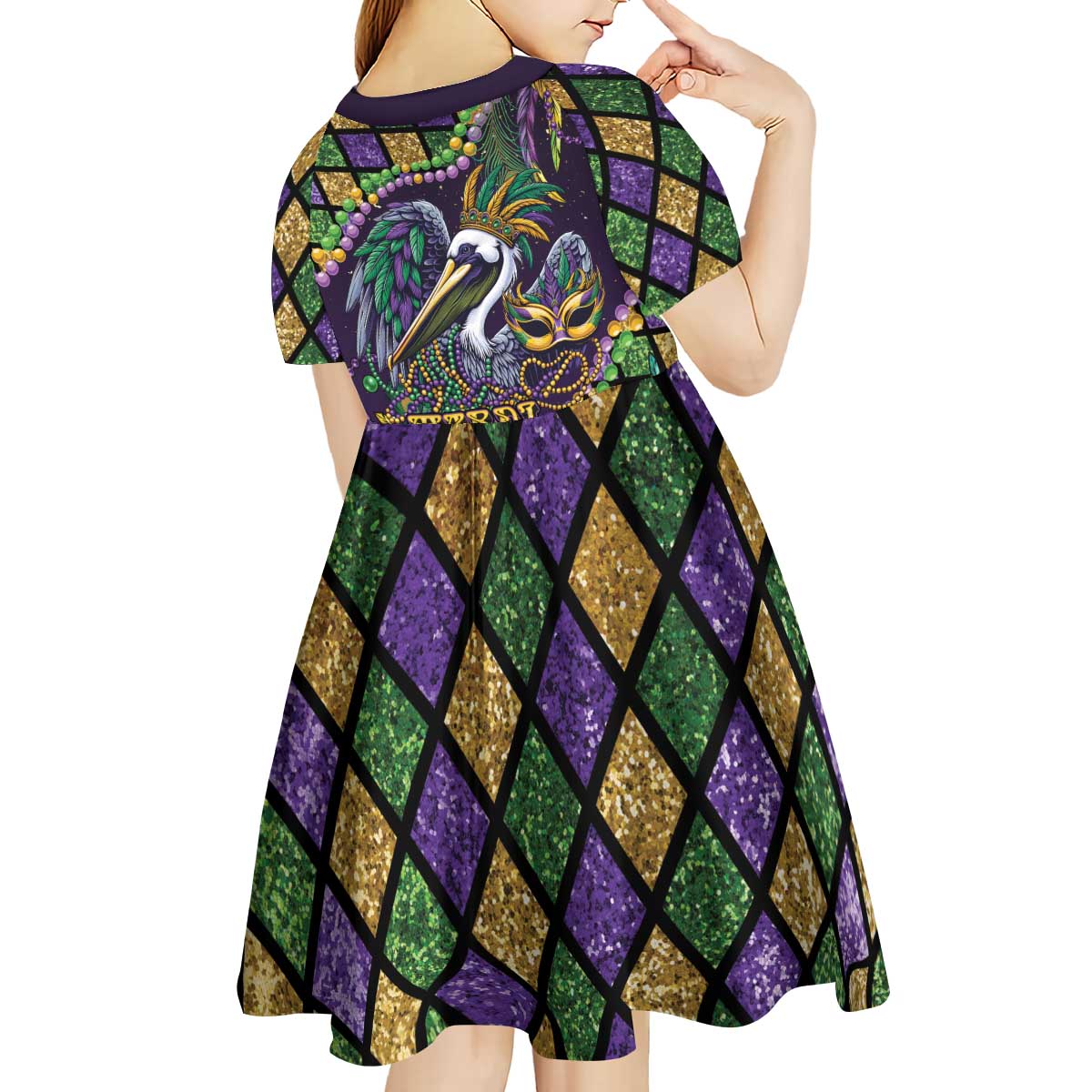 Mardi Gras Pelican Kid Short Sleeve Dress Crowned Feathers Carnival Reign - Wonder Print Shop