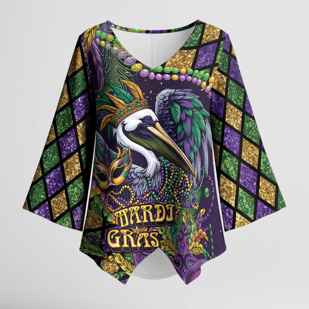 Mardi Gras Pelican Kimono Sleeve Blouse Crowned Feathers Carnival Reign - Wonder Print Shop