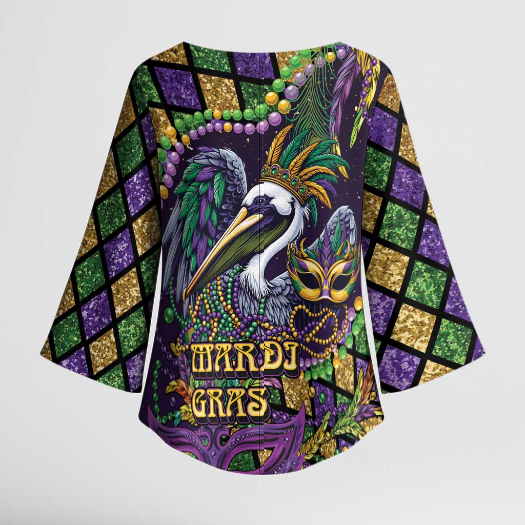 Mardi Gras Pelican Kimono Sleeve Blouse Crowned Feathers Carnival Reign - Wonder Print Shop