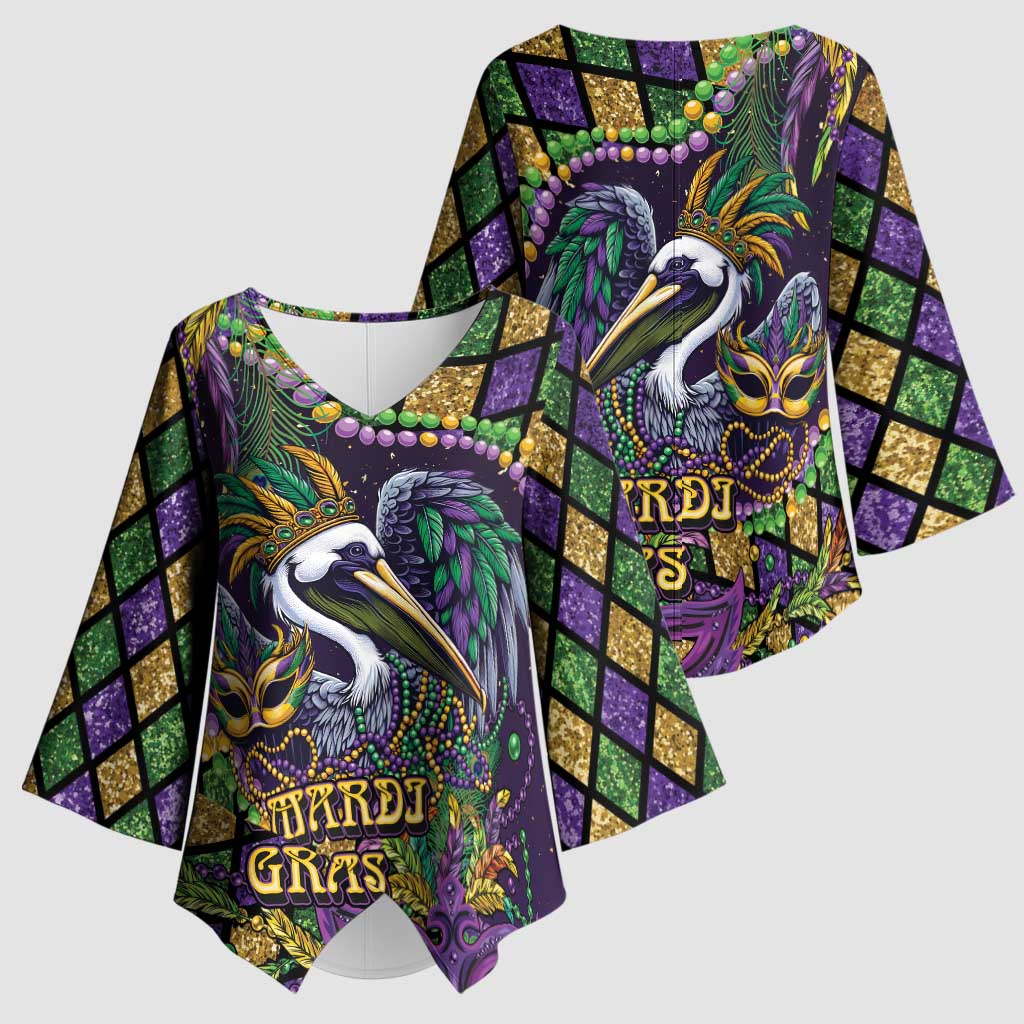 Mardi Gras Pelican Kimono Sleeve Blouse Crowned Feathers Carnival Reign - Wonder Print Shop
