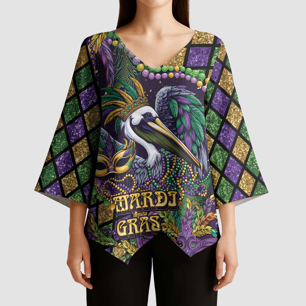 Mardi Gras Pelican Kimono Sleeve Blouse Crowned Feathers Carnival Reign - Wonder Print Shop