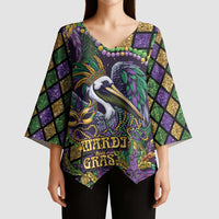 Mardi Gras Pelican Kimono Sleeve Blouse Crowned Feathers Carnival Reign - Wonder Print Shop