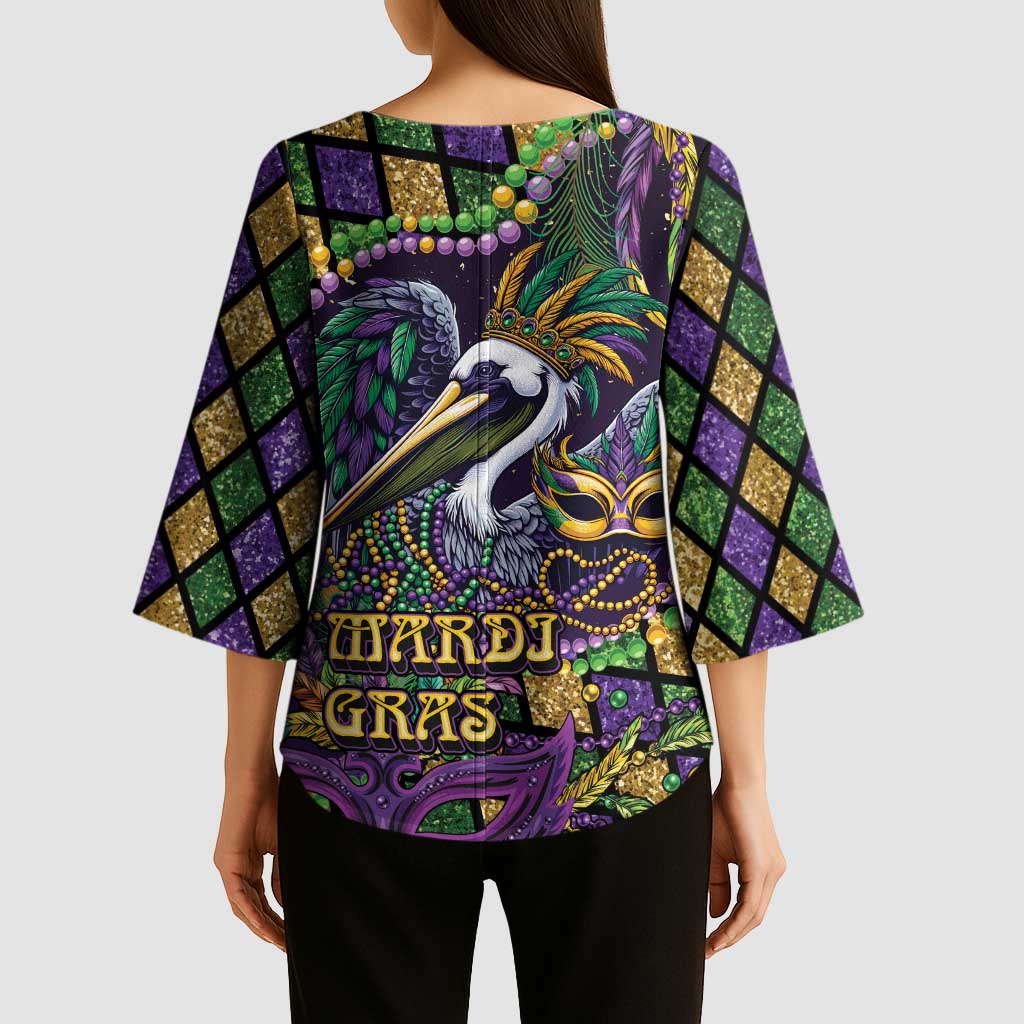 Mardi Gras Pelican Kimono Sleeve Blouse Crowned Feathers Carnival Reign - Wonder Print Shop