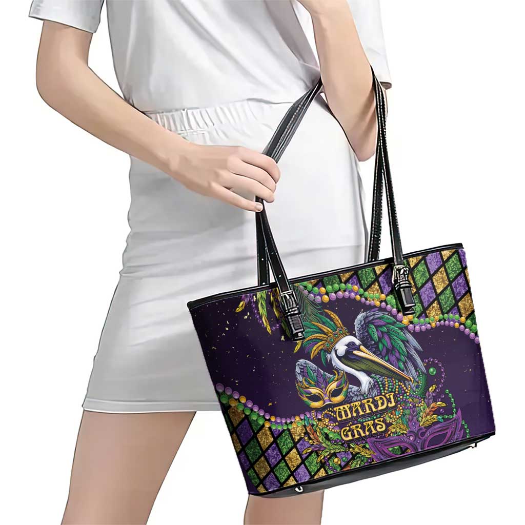 Mardi Gras Pelican Leather Tote Bag Crowned Feathers Carnival Reign - Wonder Print Shop