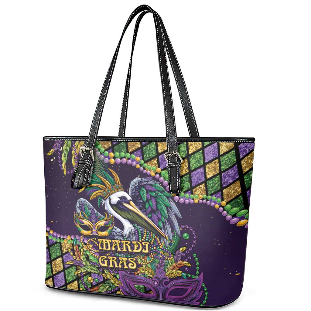 Mardi Gras Pelican Leather Tote Bag Crowned Feathers Carnival Reign - Wonder Print Shop
