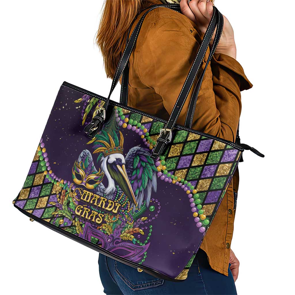 Mardi Gras Pelican Leather Tote Bag Crowned Feathers Carnival Reign - Wonder Print Shop