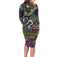 Mardi Gras Pelican Long Sleeve Bodycon Dress Crowned Feathers Carnival Reign - Wonder Print Shop