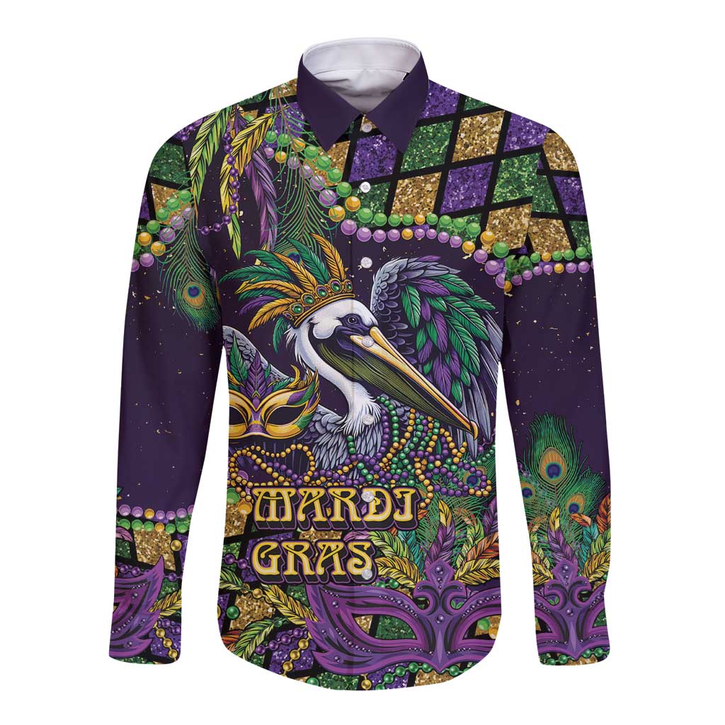 Mardi Gras Pelican Long Sleeve Button Shirt Crowned Feathers Carnival Reign - Wonder Print Shop